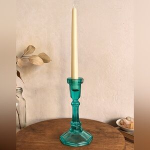 Vintage Teal Turquoise Glass Candlestick Holder | Coastal Beach Vibe | Taper